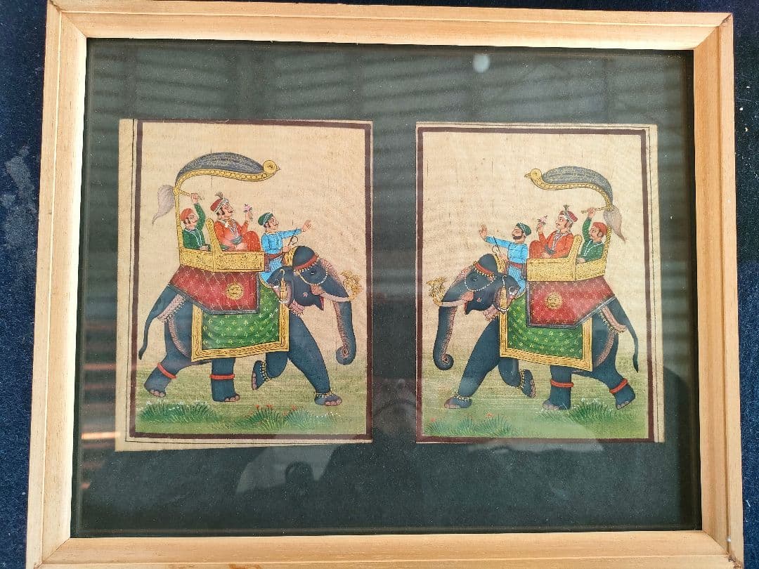 ●希少インド細密画 手描き 絵画 象と王族 （マハラジャ）