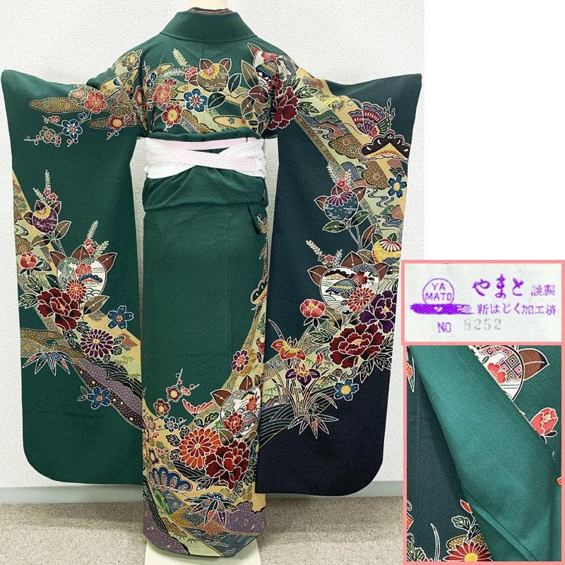 506z23☆きものやまと 紅型振袖 古典柄 ちりめん 緑☆美品 成人式 結婚式