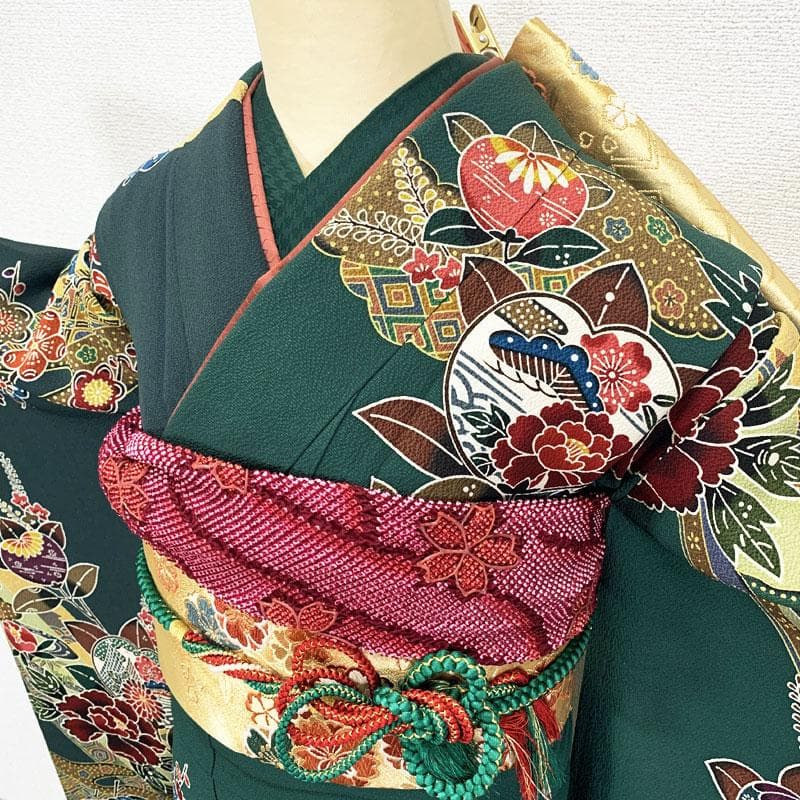 506z23☆きものやまと 紅型振袖 古典柄 ちりめん 緑☆美品 成人式 結婚式