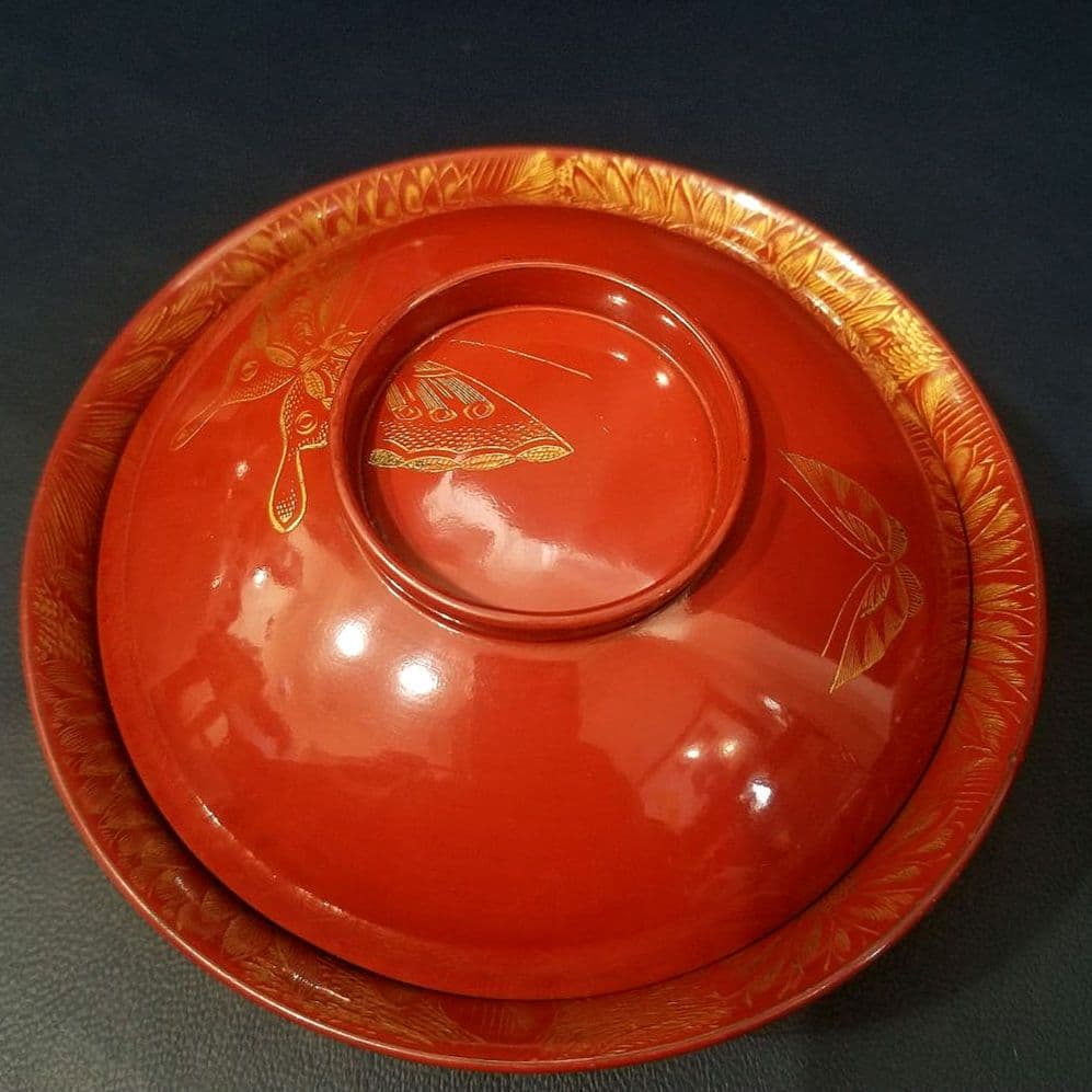 輪島塗　朱漆塗 内総沈金 菊花紋詰 吸物椀 懐石椀 茶道具 金 蒔絵　羽反　2客