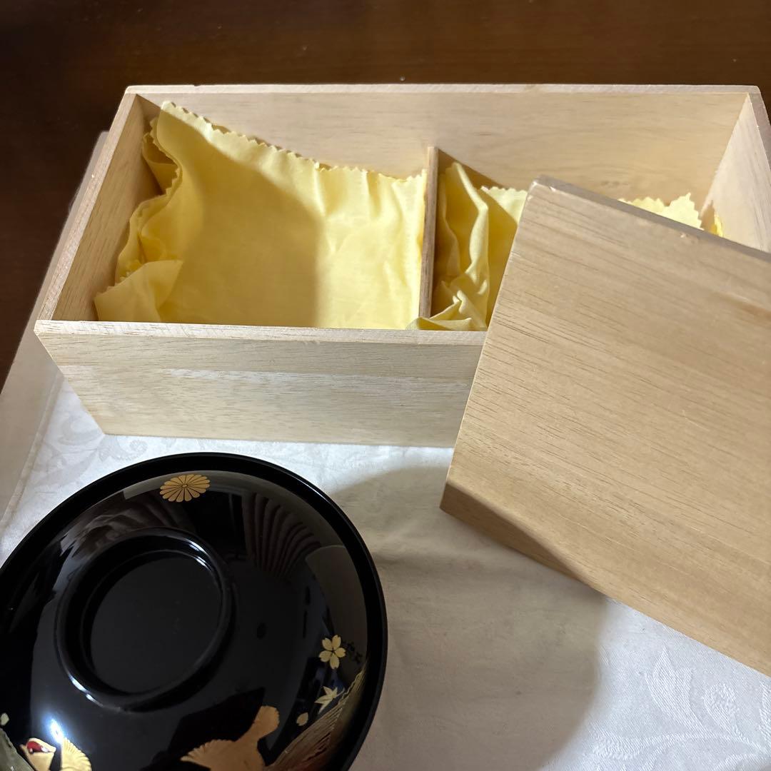 輪島塗 濱田屋 蓋付 椀 お椀 天野誠作 金彩 鶴　金蒔絵 木箱付 ペア 吸椀