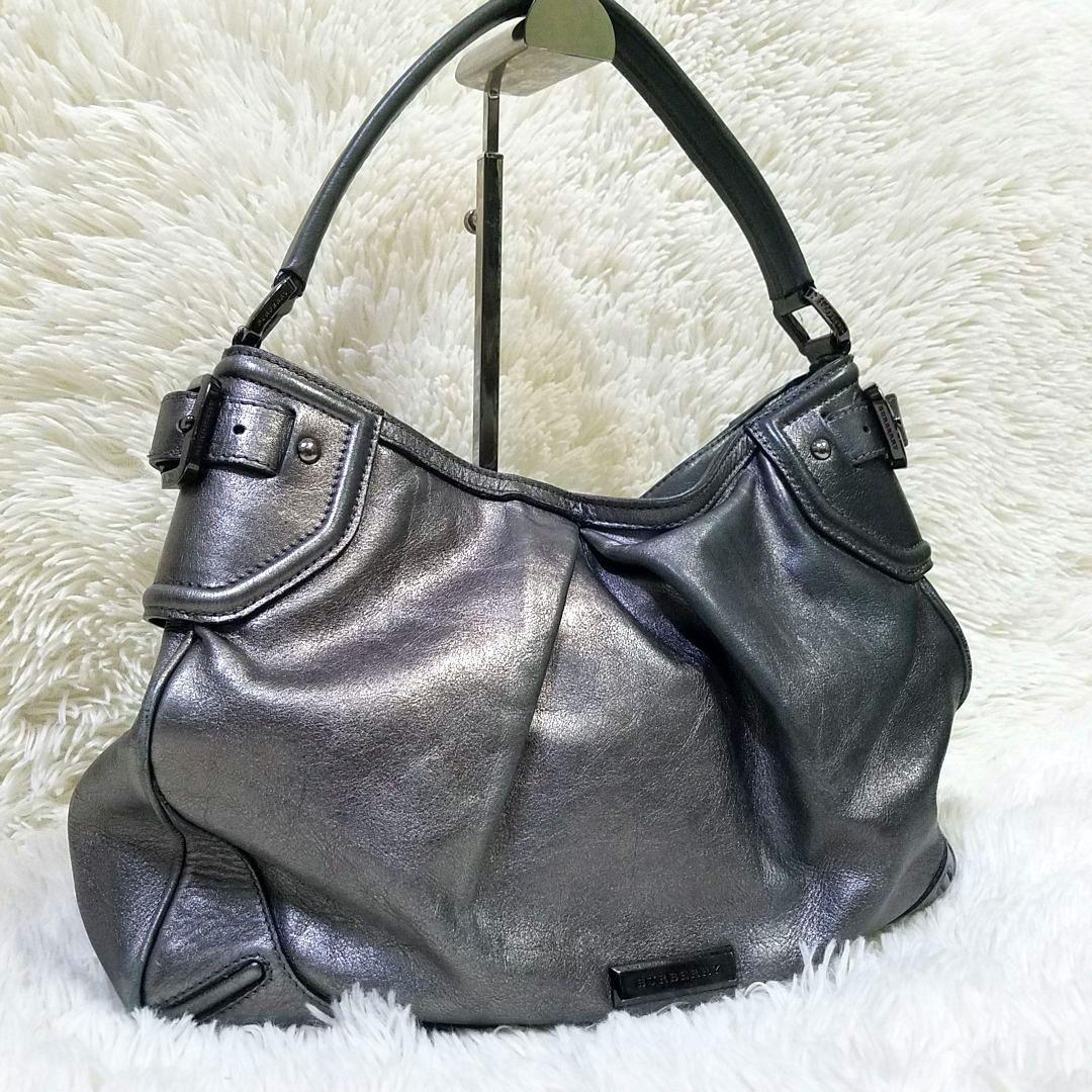 【美品】BURBERRY ワンショルダーバッグ レザー メタリックグレー 肩掛け