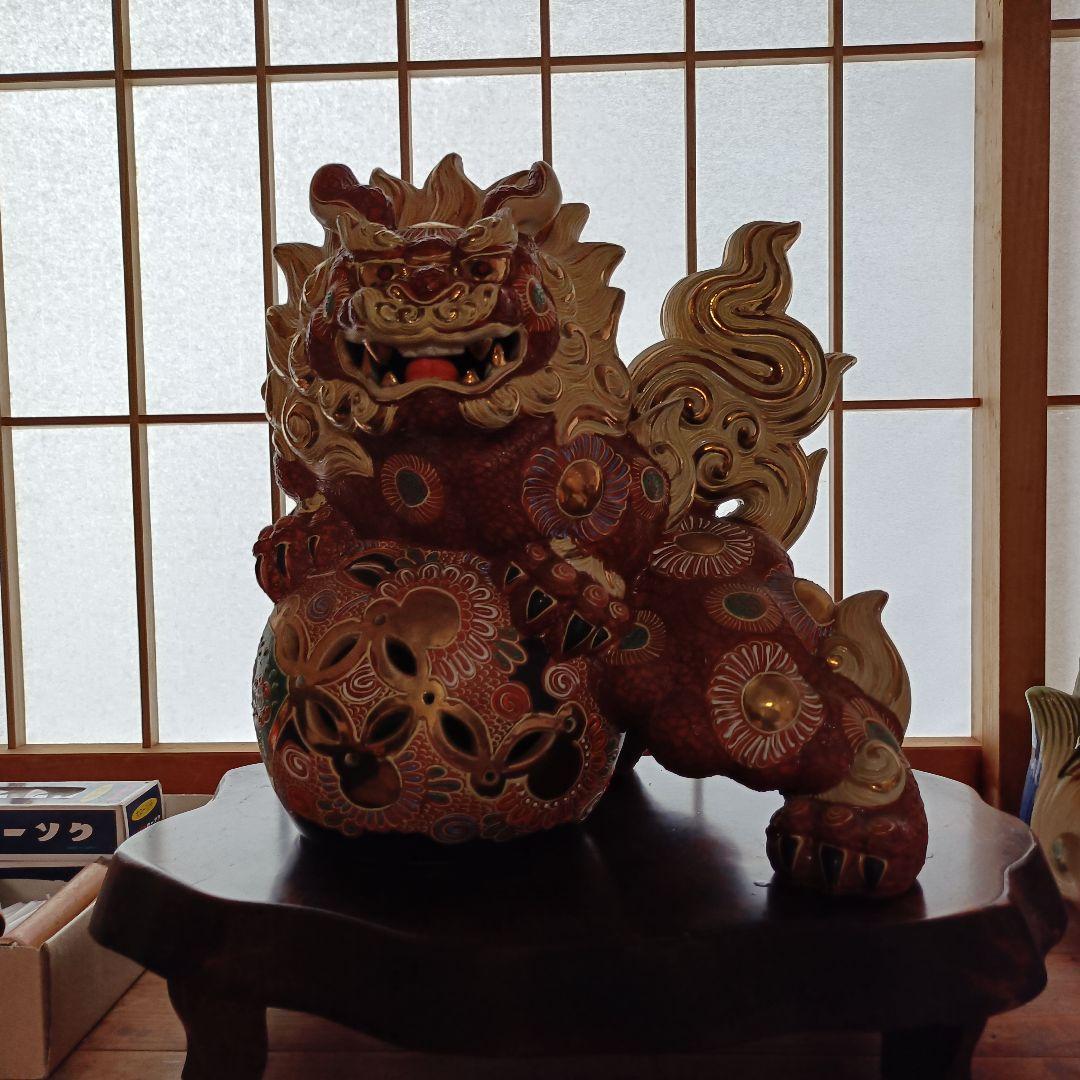 陶器製獅子の置物　台座付