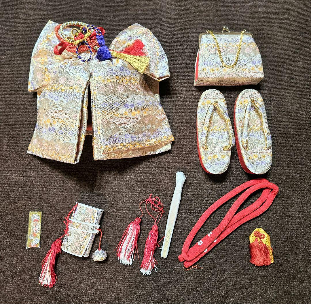 美品 七五三 結び·はこせこセット 7歳 結び帯 作り帯 白/曇取り　七歳用