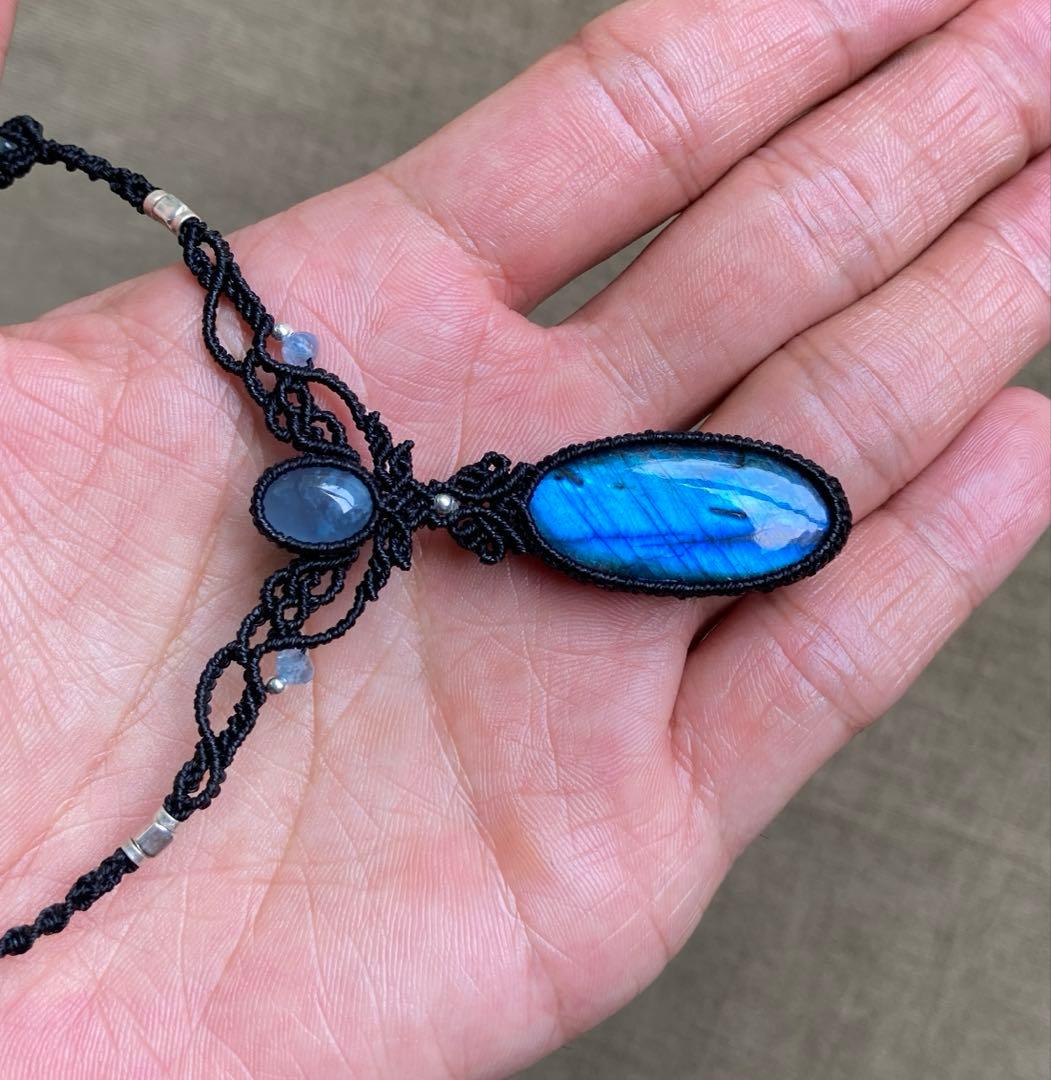 ラブラドライト　アクアマリン　マクラメネックレス