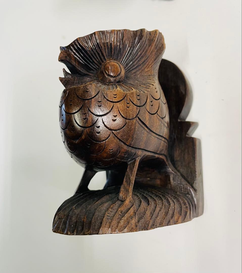 ヴィンテージの木彫りフクロウのブックエンド一 中古品木製彫刻 2個セット