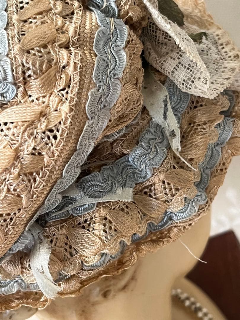 アンティークヴィクトリアン ビスクドール帽子ハットローズ布花レース