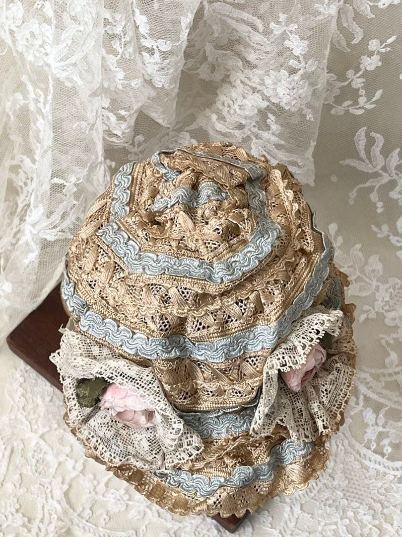 アンティークヴィクトリアン ビスクドール帽子ハットローズ布花レース