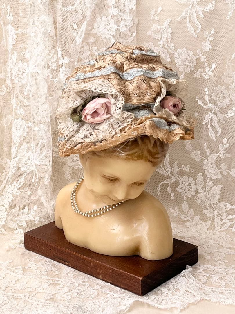 アンティークヴィクトリアン ビスクドール帽子ハットローズ布花レース