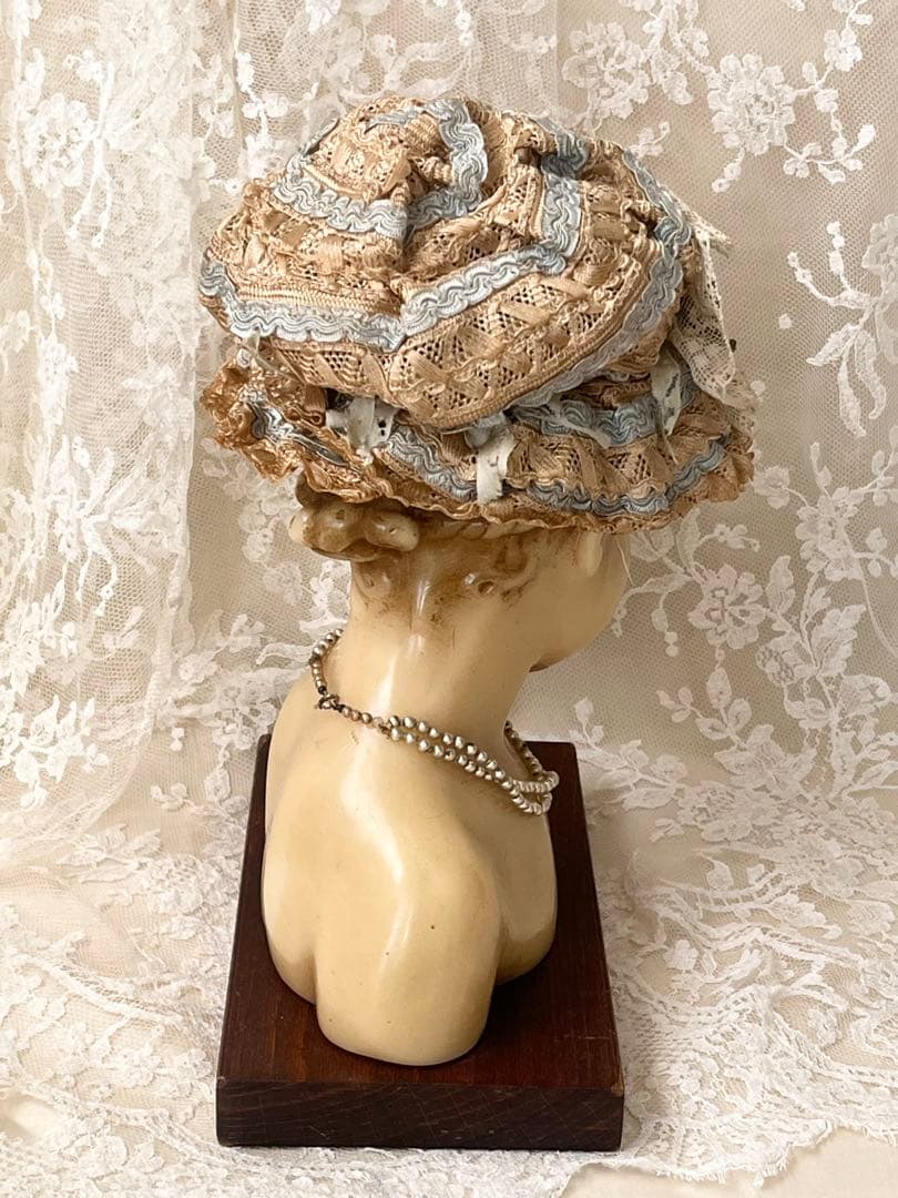 アンティークヴィクトリアン ビスクドール帽子ハットローズ布花レース