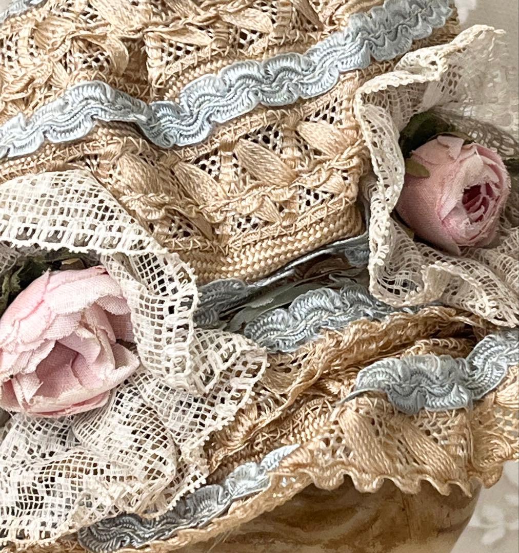 アンティークヴィクトリアン ビスクドール帽子ハットローズ布花レース