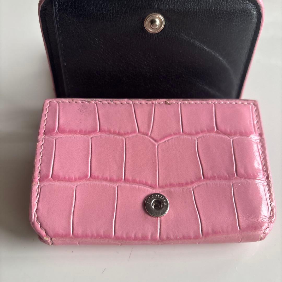 【美品】バレンシアガ 三つ折財布 ピンク クロコ エブリデイ レディース