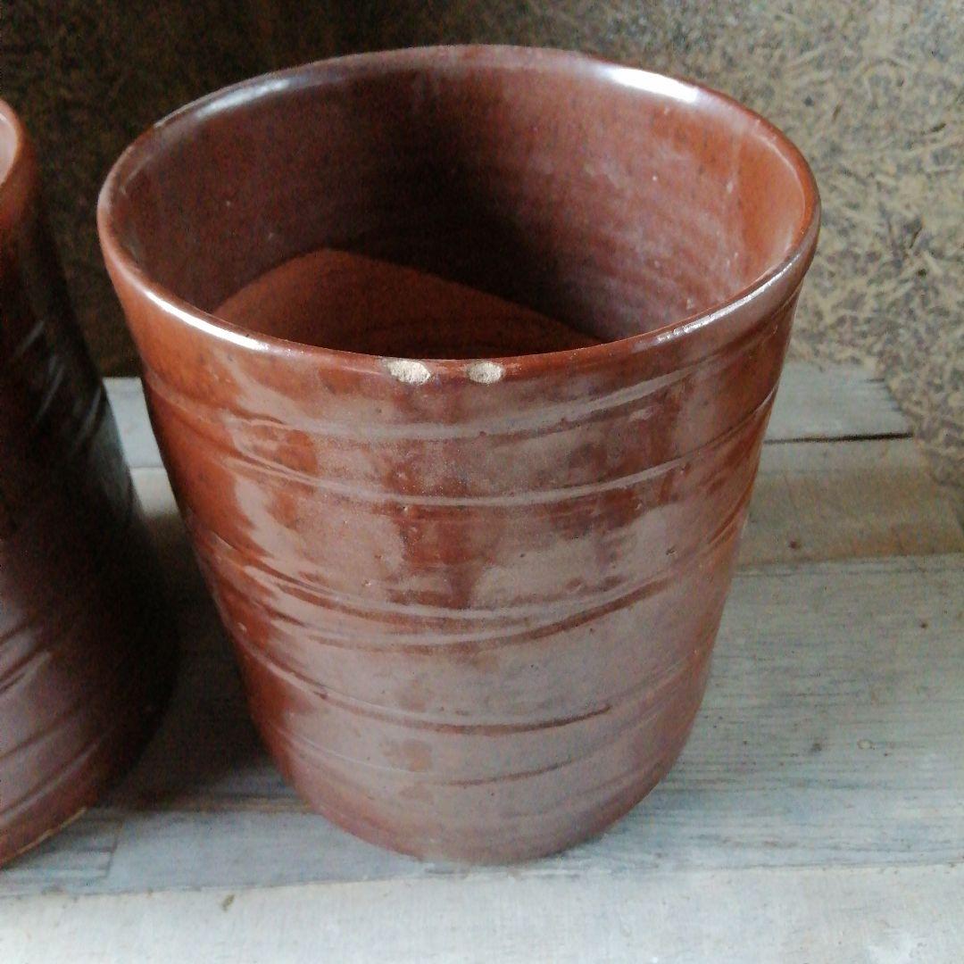 瀬戸焼　加藤春二　柿釉火鉢一対　20.5cm　大正～昭和初期