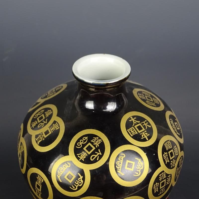 清咸豊烏金釉画金銅銭紋梅瓶 景徳鎮 陶磁器 装飾品 現代工芸品 美術品 置物