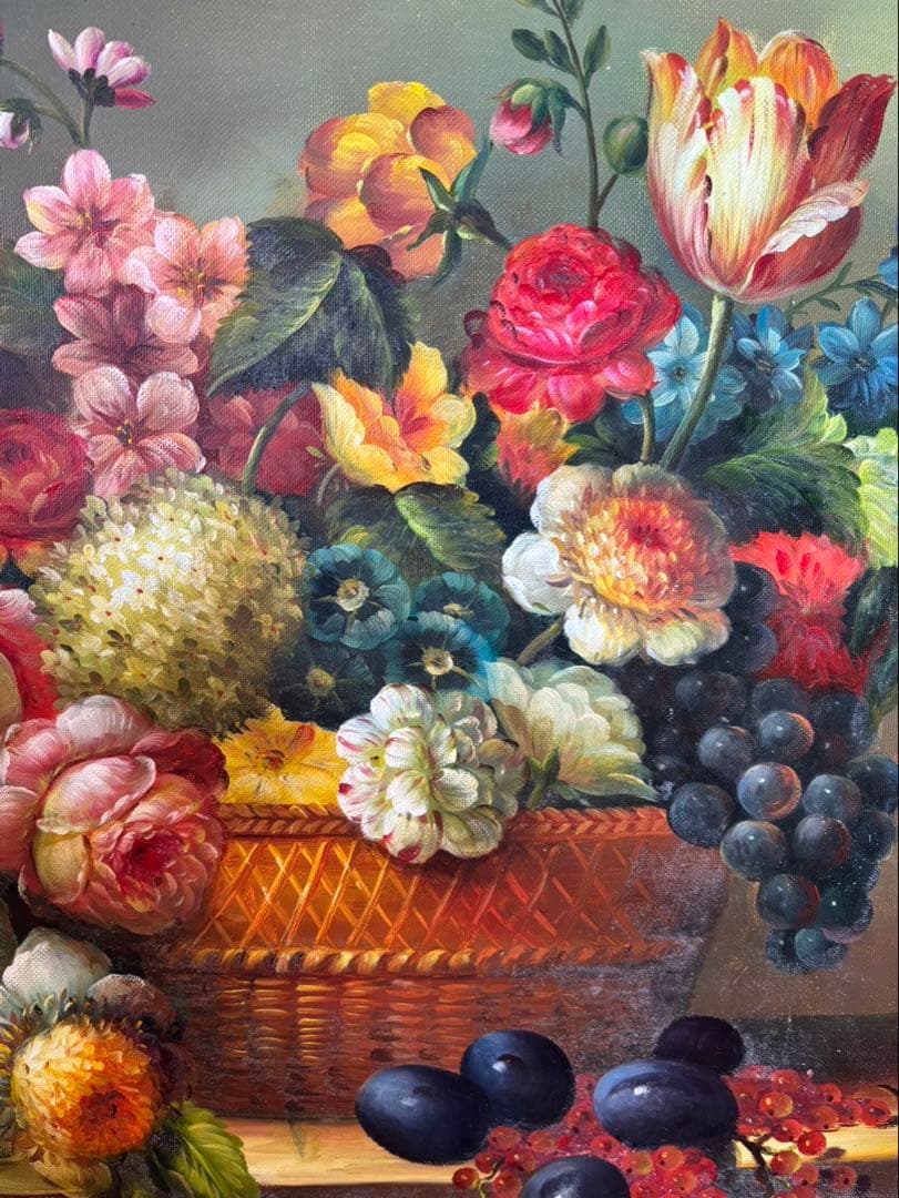 【油絵 / 模写 】 果実と花 絵画 額縁 壁掛け 絵 花 果物