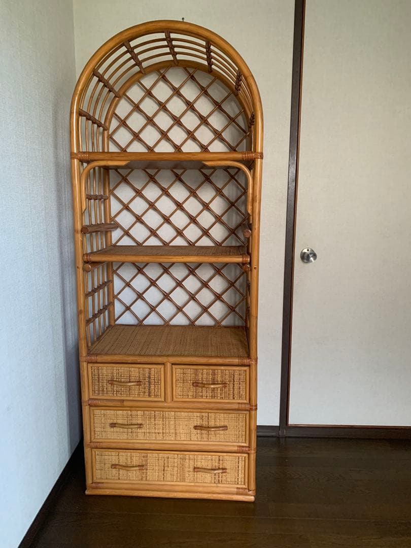 ラタン製オープンシェルフ 引き出し付き