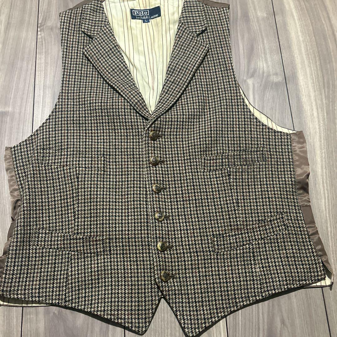 90s ラルフローレン　ツイードベスト　千鳥格子　ウール100 ブラウン　L