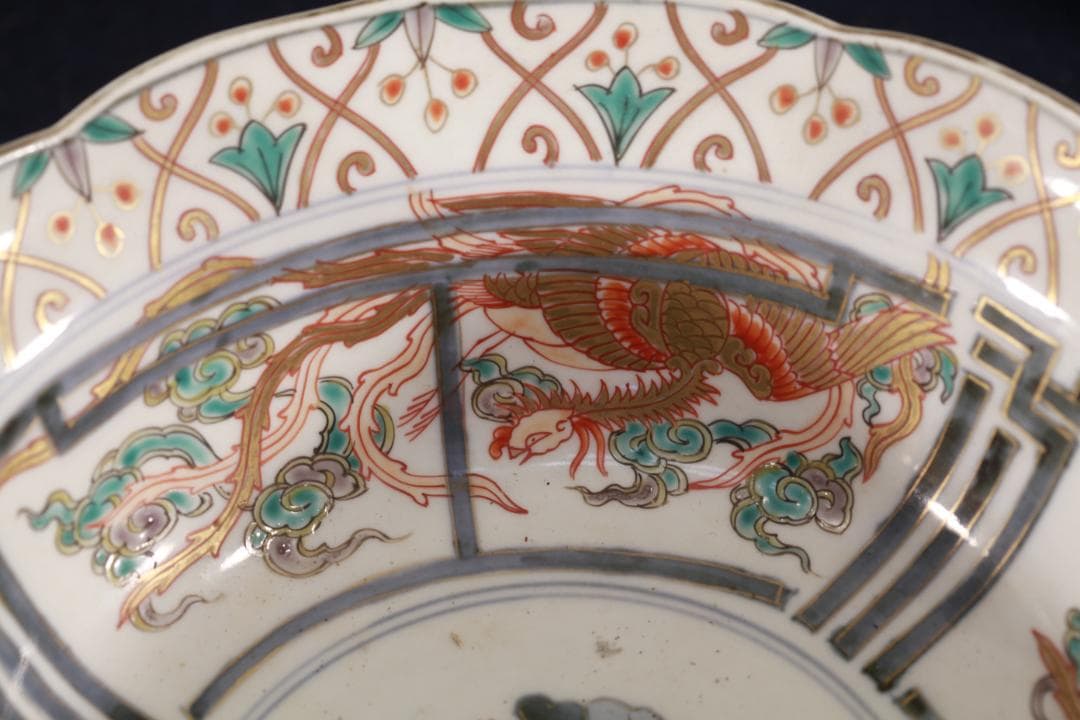 033　古伊万里　色絵３つ重丼鉢　無傷　江戸時代　箱付　年末　蔵出