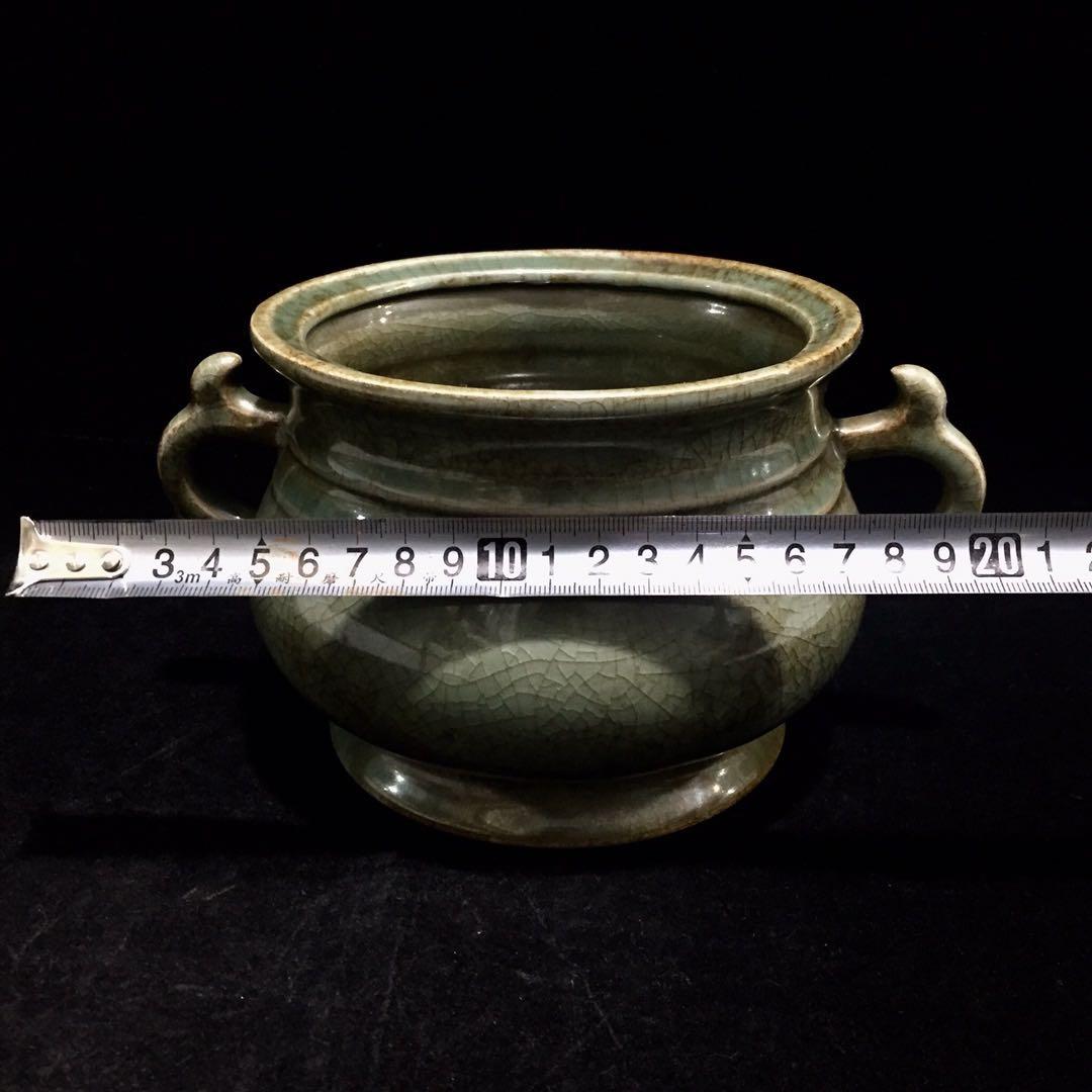 文房具　雙耳香爐 宋時代　汝窯 陶器　冰裂纹 貫入