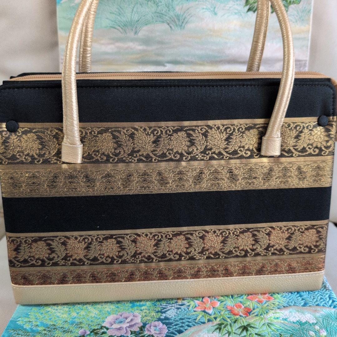 利休バック　和装用バッグ 上品　結婚式　黒　大きめ　正絹　美品