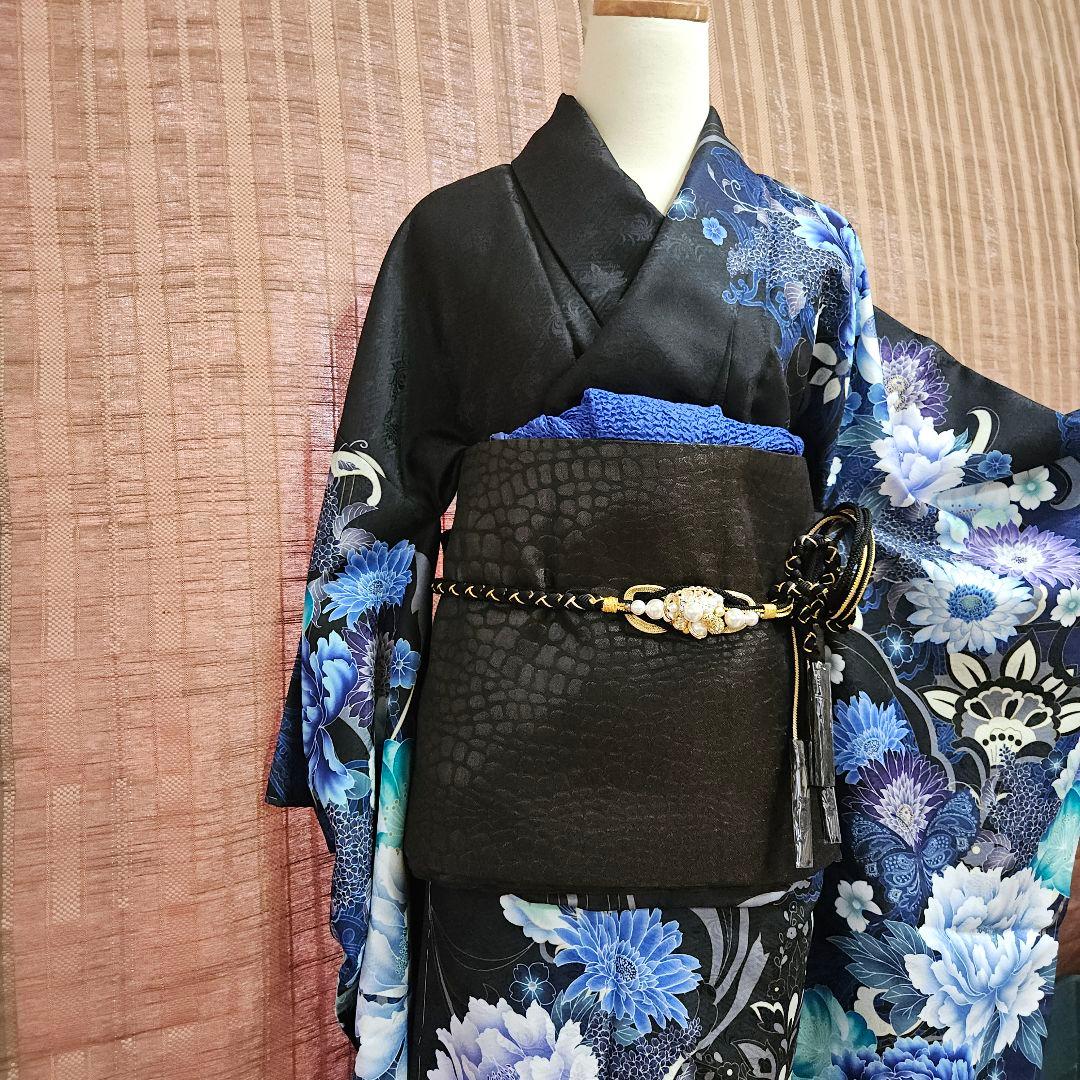 ブラック×ターコイズブルー振り袖　未使用