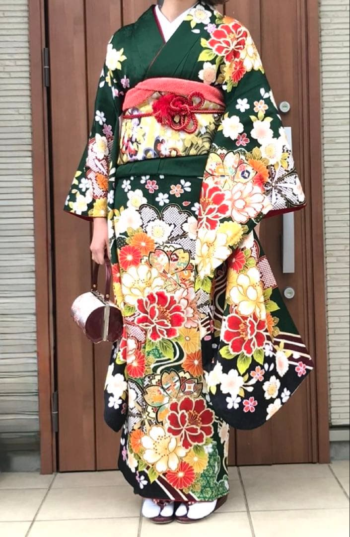 【トールサイズ】成人式　振袖 草履バックつき　古典柄　グリーン系　高身長