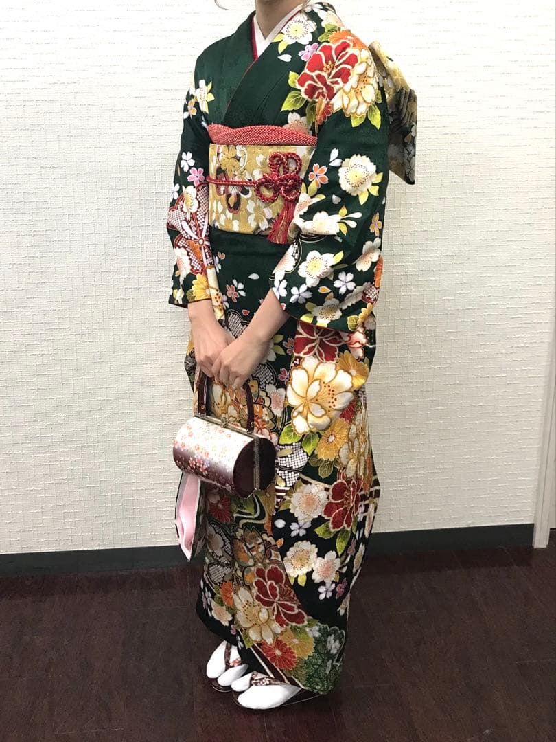 【トールサイズ】成人式　振袖 草履バックつき　古典柄　グリーン系　高身長