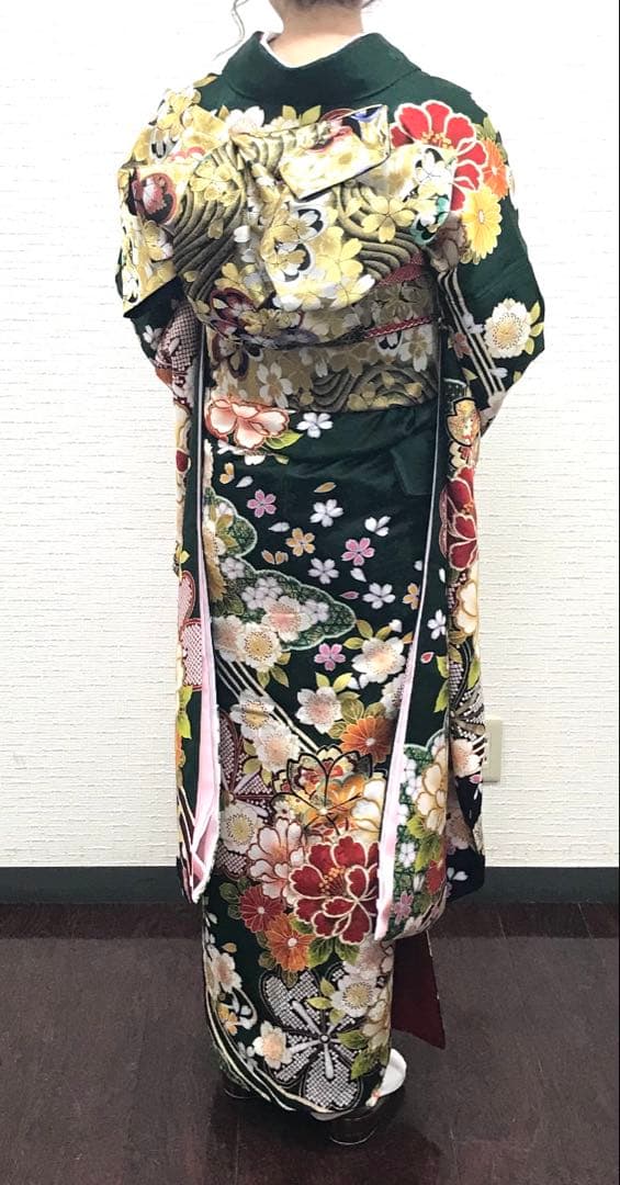 【トールサイズ】成人式　振袖 草履バックつき　古典柄　グリーン系　高身長