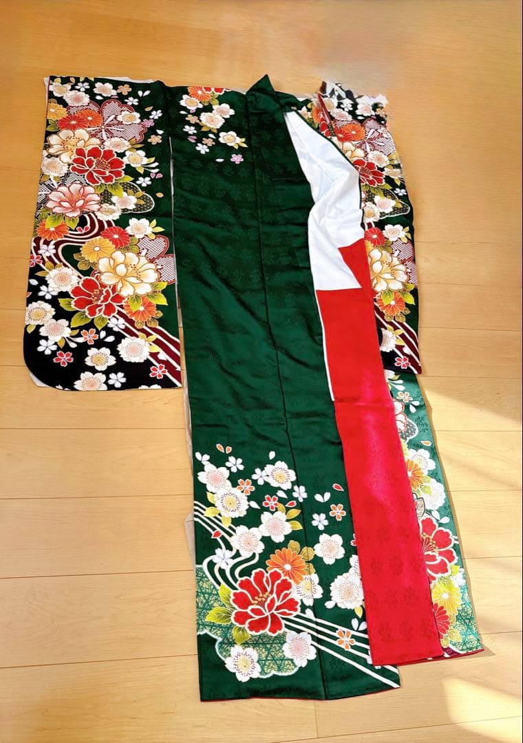 【トールサイズ】成人式　振袖 草履バックつき　古典柄　グリーン系　高身長