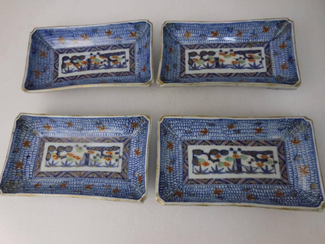 古伊万里　松竹梅唐草文長皿　4枚　明治初期