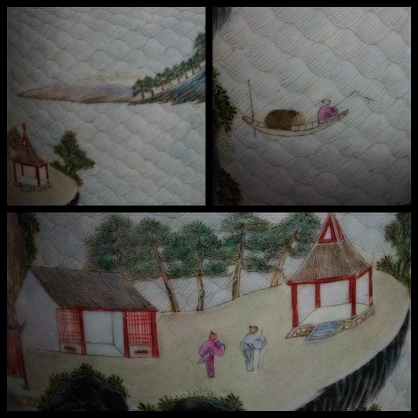 清 大清乾隆年製 粉彩色絵『山水風景人物漢詩文』飾壺 花器 高さ31.5㎝