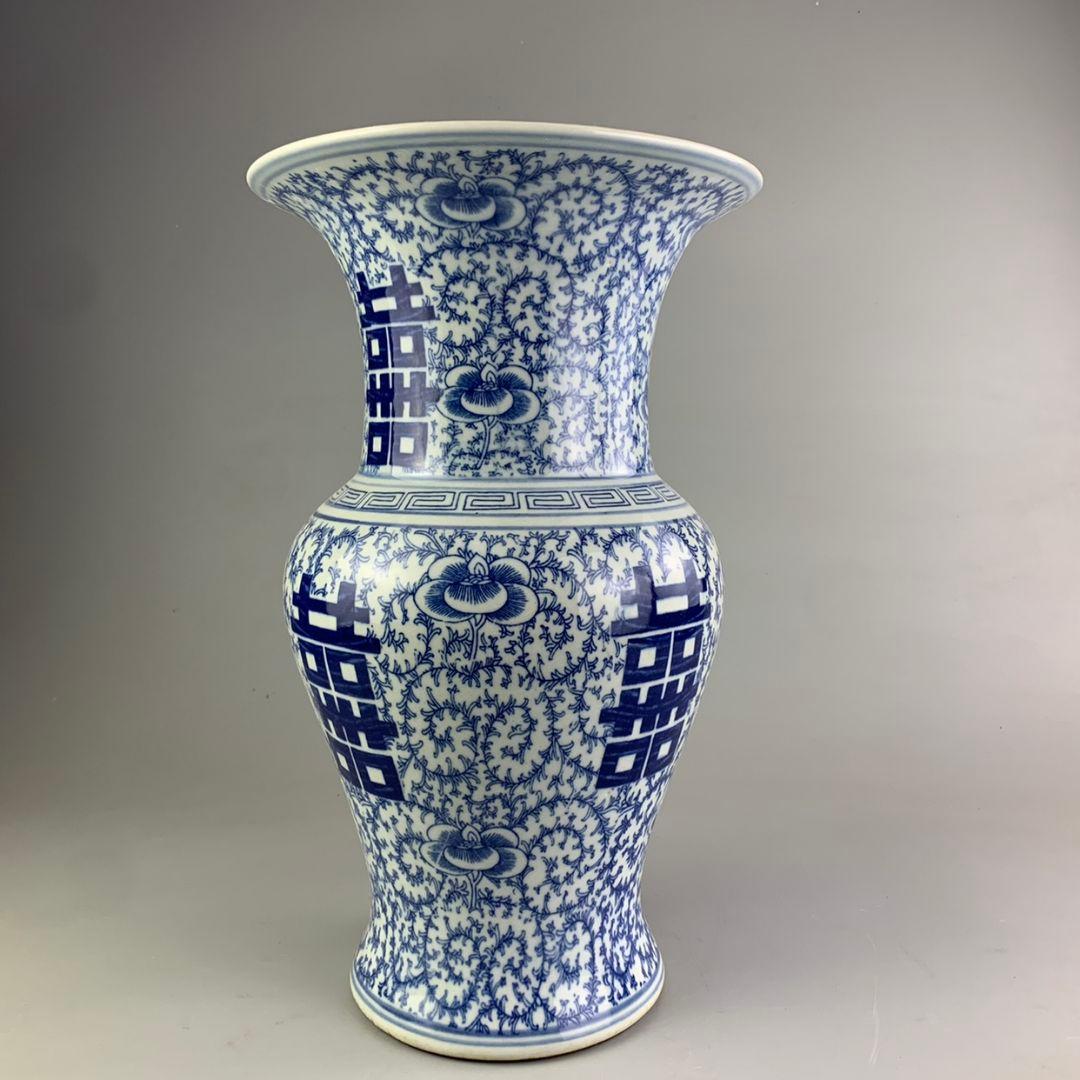 青花喜字觚花瓶 磁器 景徳鎮 置物