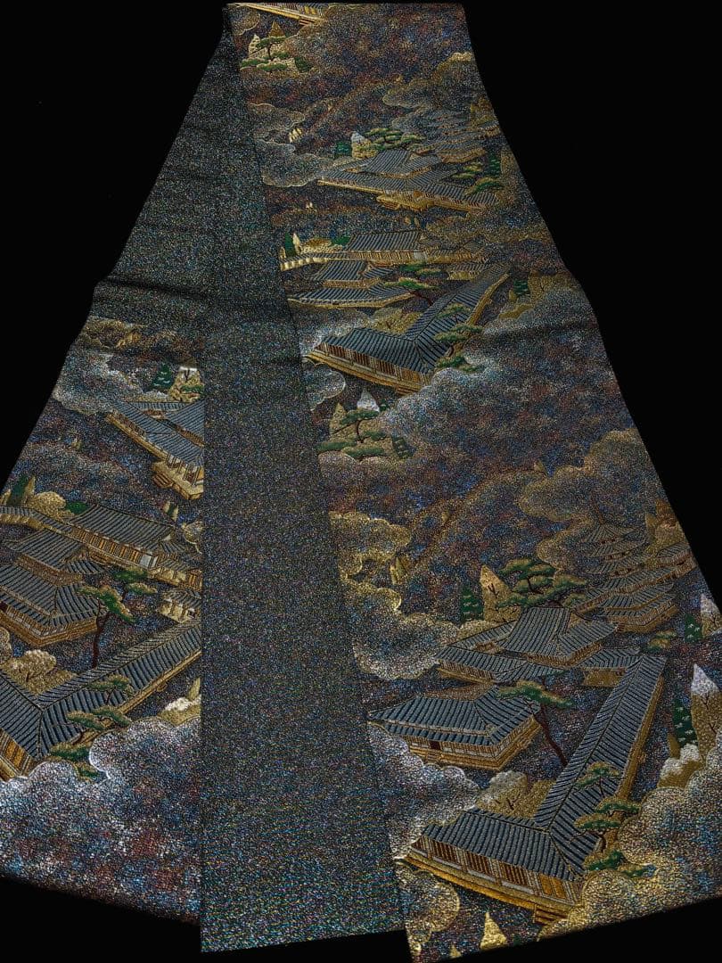 【超美品】袋带 六通 彩きらら織 キラキラ 宝石　青シルバー金