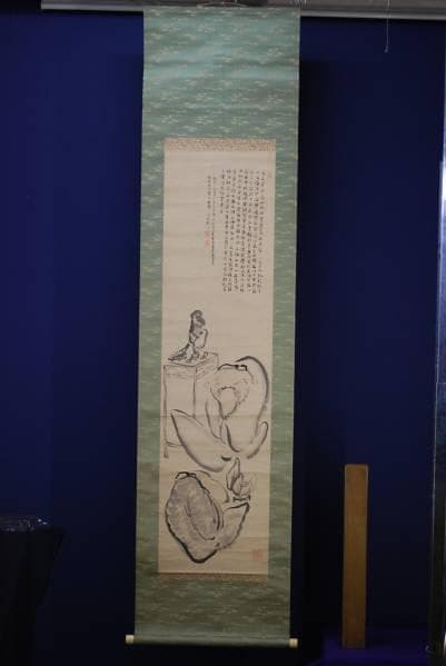 真作/田能村直入/小虎/愛石人物画賛/絹表装付/布袋屋掛軸HB-810