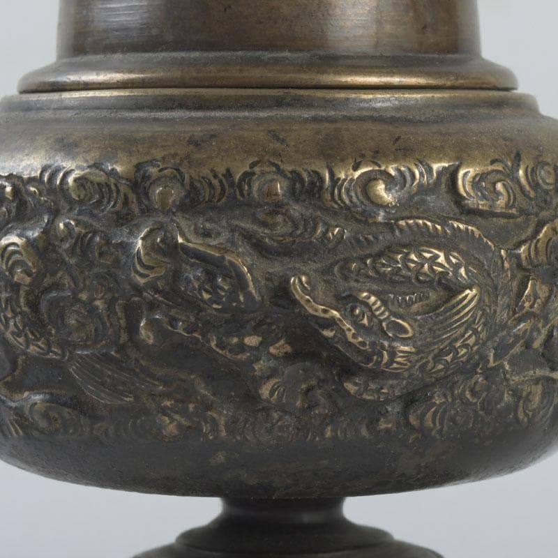 中国　古銅宣徳銅　獅子摘　龍鳳凰刻　蓋爐　香炉　V　9622