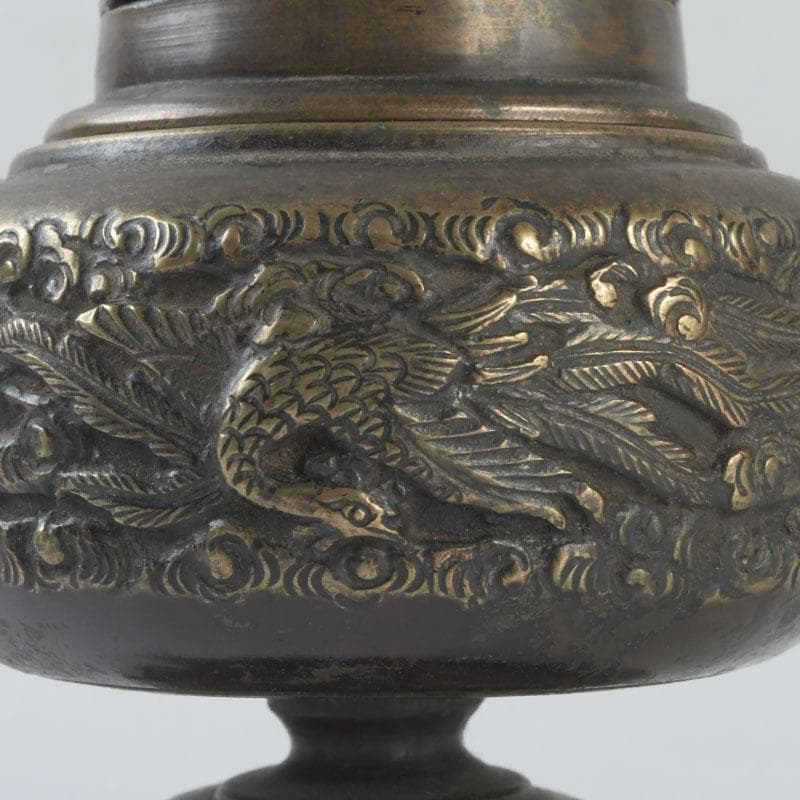 中国　古銅宣徳銅　獅子摘　龍鳳凰刻　蓋爐　香炉　V　9622