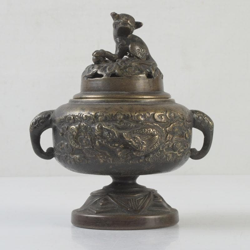 中国　古銅宣徳銅　獅子摘　龍鳳凰刻　蓋爐　香炉　V　9622