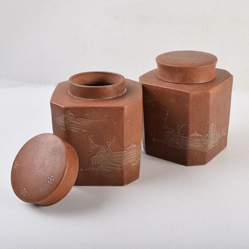 中国　紫砂　朱泥　山水漢詩文　一対　茶入　茶壷　在銘　V　R9473