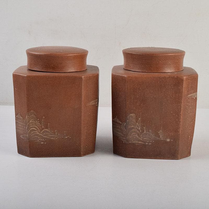 中国　紫砂　朱泥　山水漢詩文　一対　茶入　茶壷　在銘　V　R9473