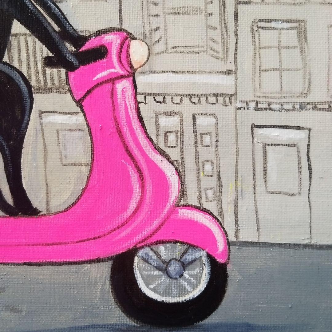 油絵　 専用　スクーターに乗る黒猫