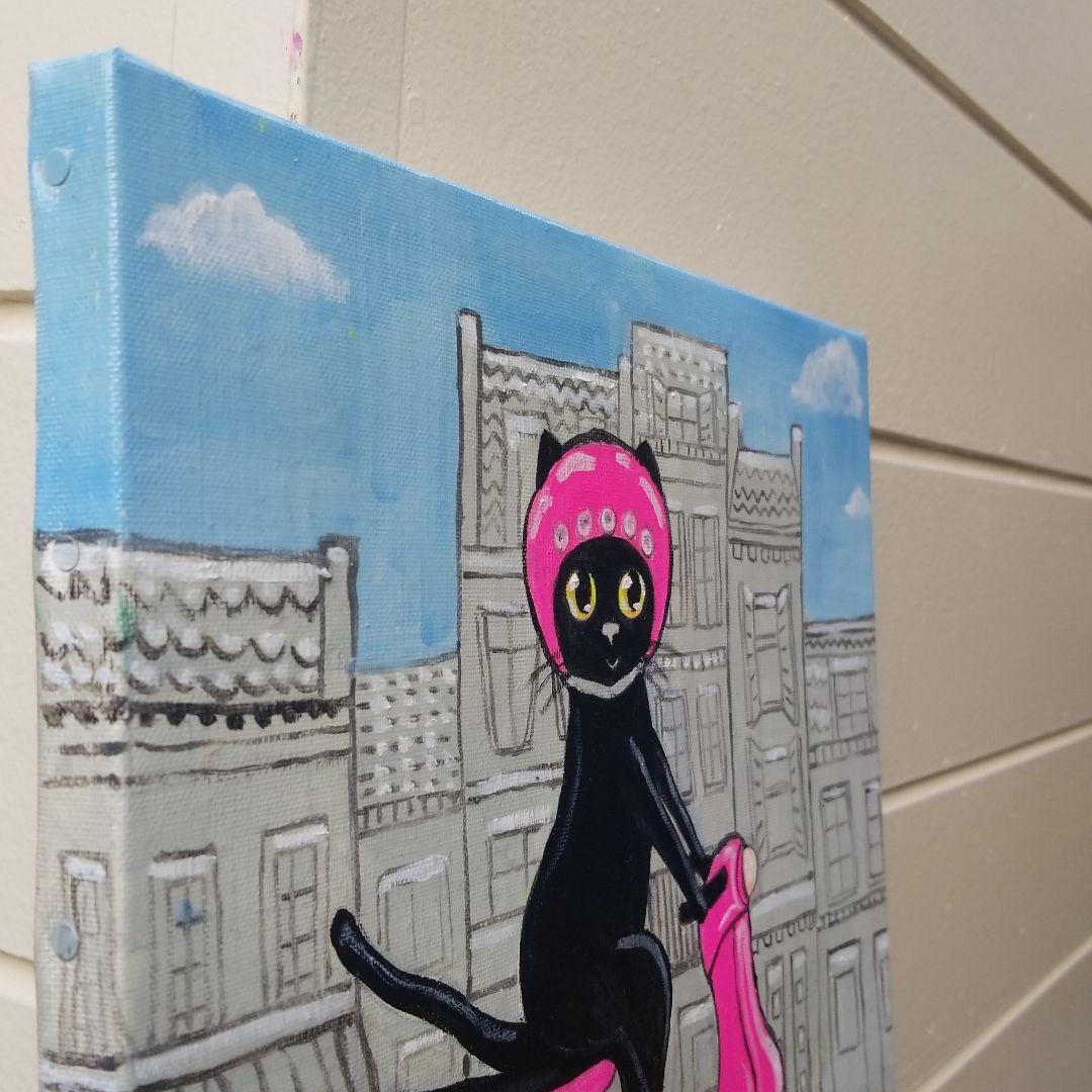 油絵　 専用　スクーターに乗る黒猫