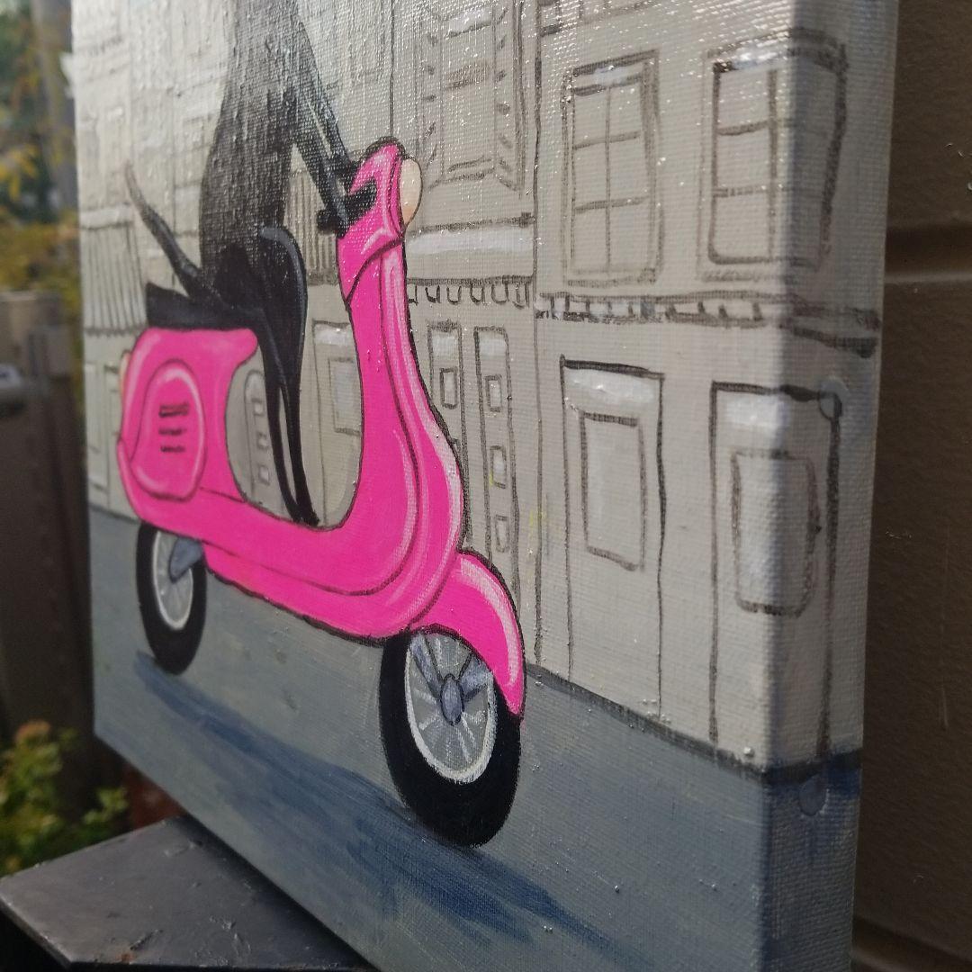 油絵　 専用　スクーターに乗る黒猫