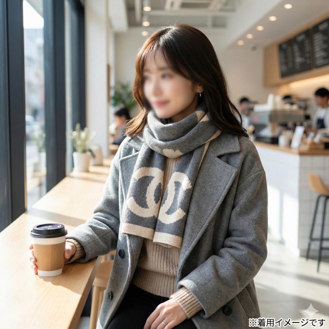 CHANEL シャネル ココマーク ニットマフラー ストール グレー/アイボリー