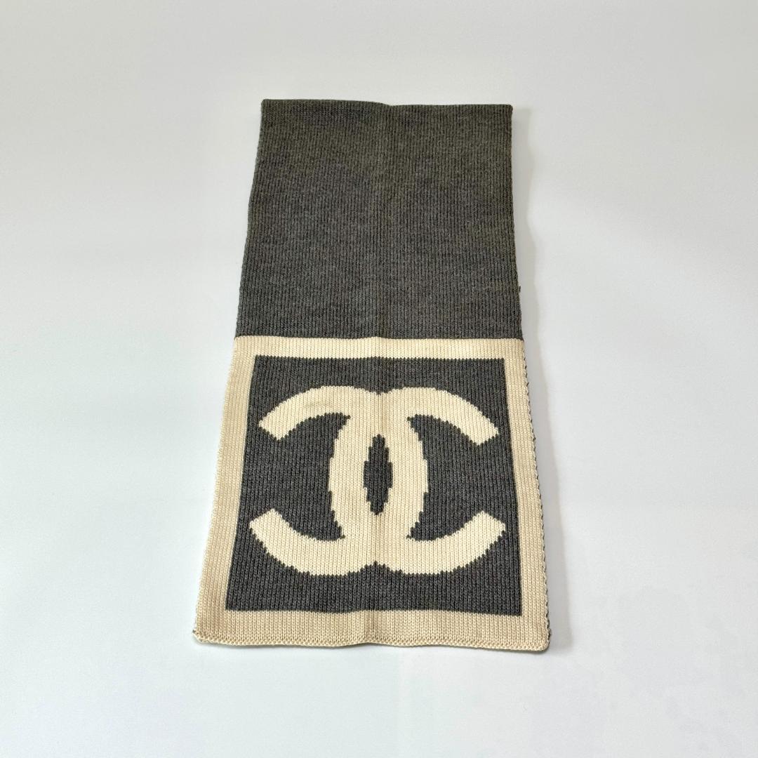 CHANEL シャネル ココマーク ニットマフラー ストール グレー/アイボリー