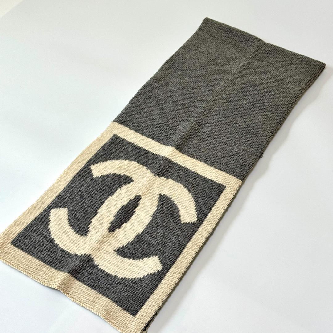 CHANEL シャネル ココマーク ニットマフラー ストール グレー/アイボリー