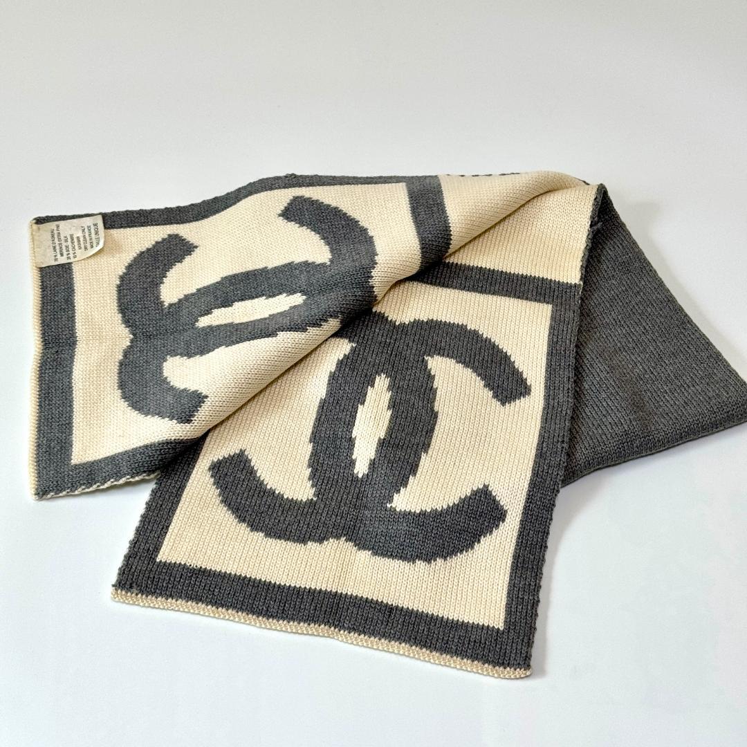 CHANEL シャネル ココマーク ニットマフラー ストール グレー/アイボリー