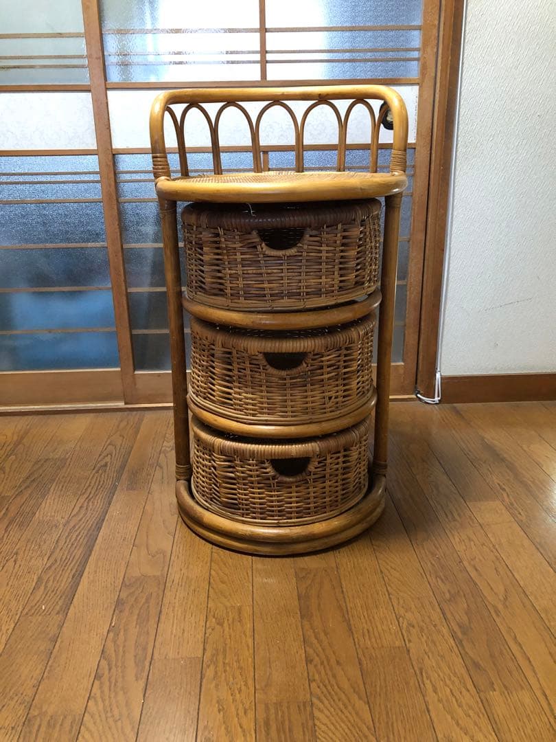 ラタン製 3段収納バスケット