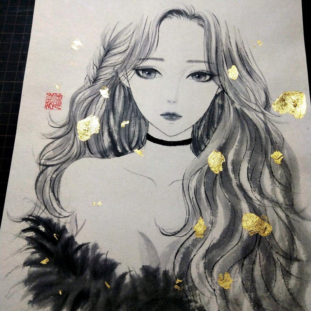 肉筆原画　墨絵　美人画　絵画　水墨画