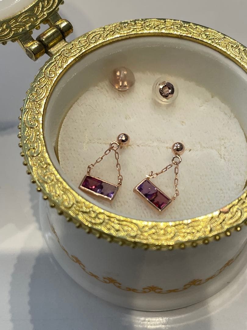 未使用　K10 PG アメジスト　ガーネット　ピアス　ダブルストーン　刻印