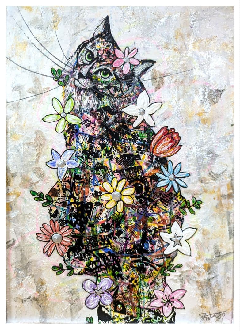 ぷ*ん様 手作り額付き絵画　title「引き寄せニャンコ」